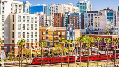 Train runs along waterfront past downtown San Diego