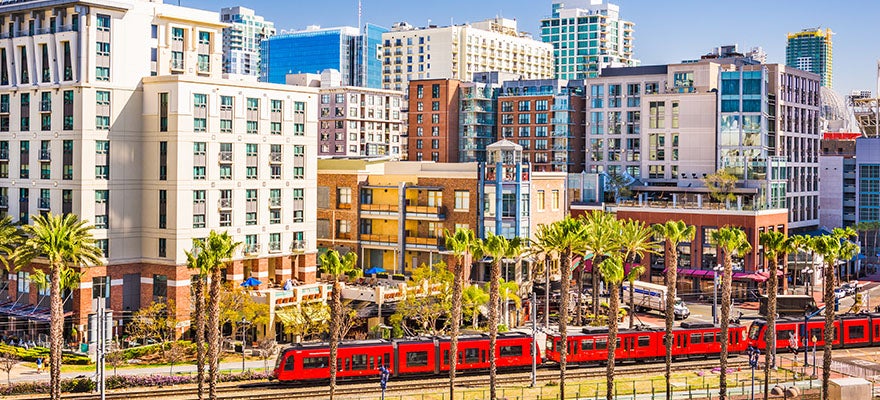 Train runs along waterfront past downtown San Diego