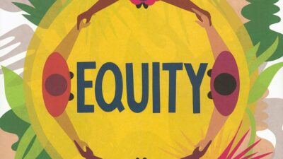 Collage of four people in a circle holding hands, the word "Equity" is in the center.