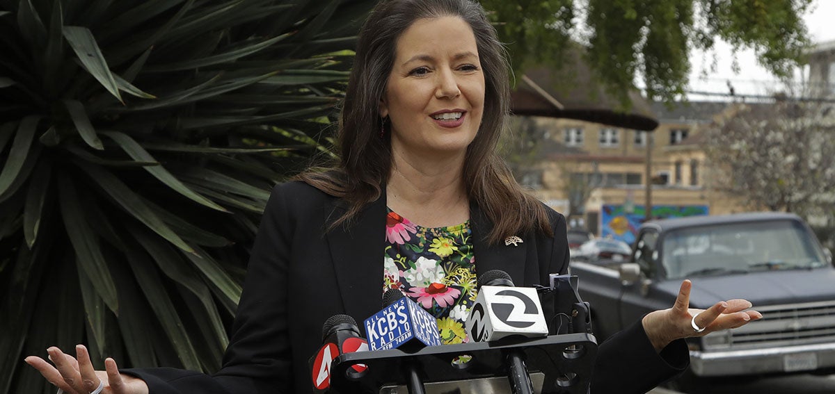 Oakland Mayor Libby Schaaf speaks at a news conference in Oakland, Calif.