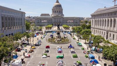 Socially distanced homeless encampment at San Francisco's Civic Center