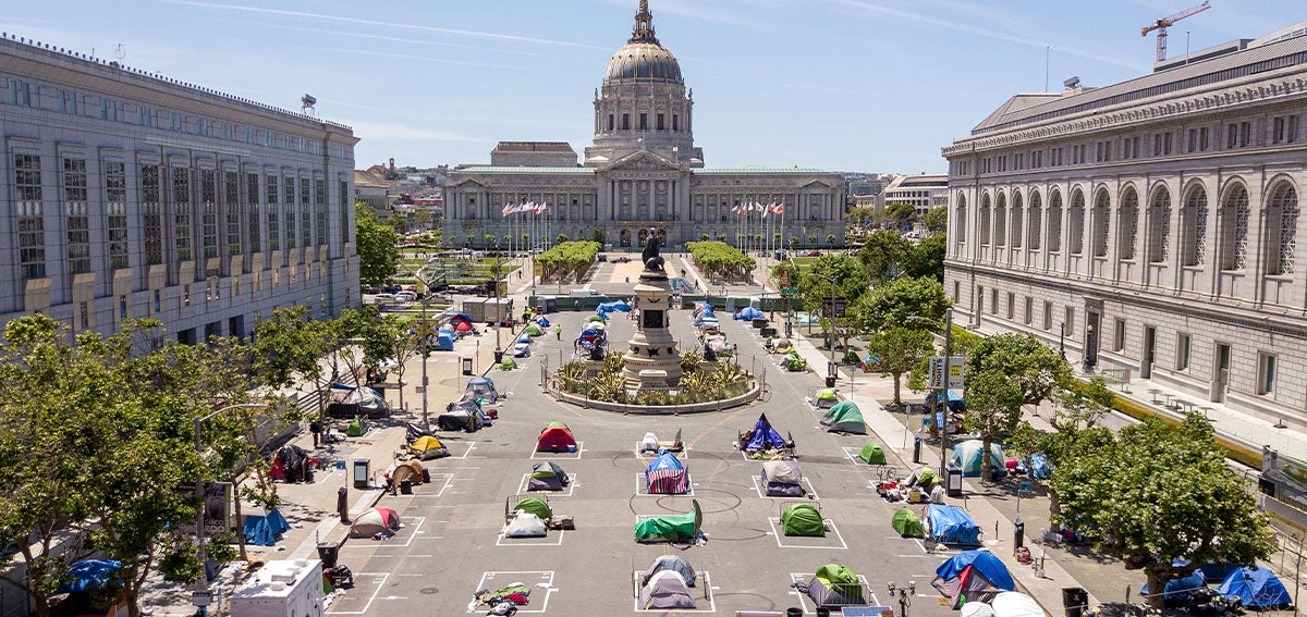 Socially distanced homeless encampment at San Francisco's Civic Center