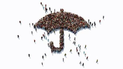 a crowd of people for the shape of an umbrella