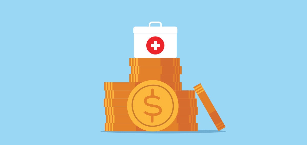 Illustration of medical first aid kit sitting on a pile of coins