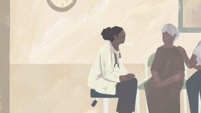 Illustration of a mother and daughter speaking to doctor