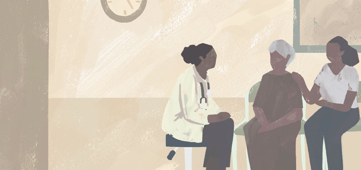 Illustration of a mother and daughter speaking to doctor