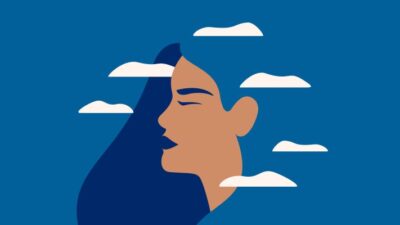 Illustration of a woman's profile in the clouds.