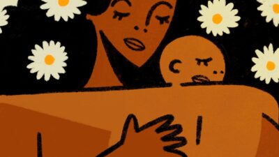 Illustration of Black woman holding her newborn baby