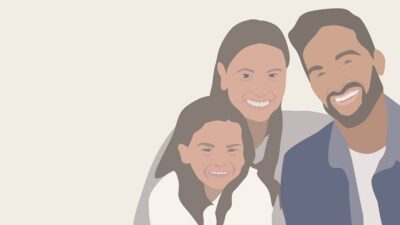 Illustration of Latinx family (mother, daughter, father)