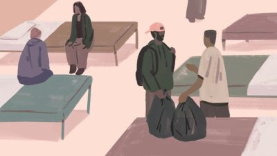 Illustration of people sitting on beds in a medical respite center