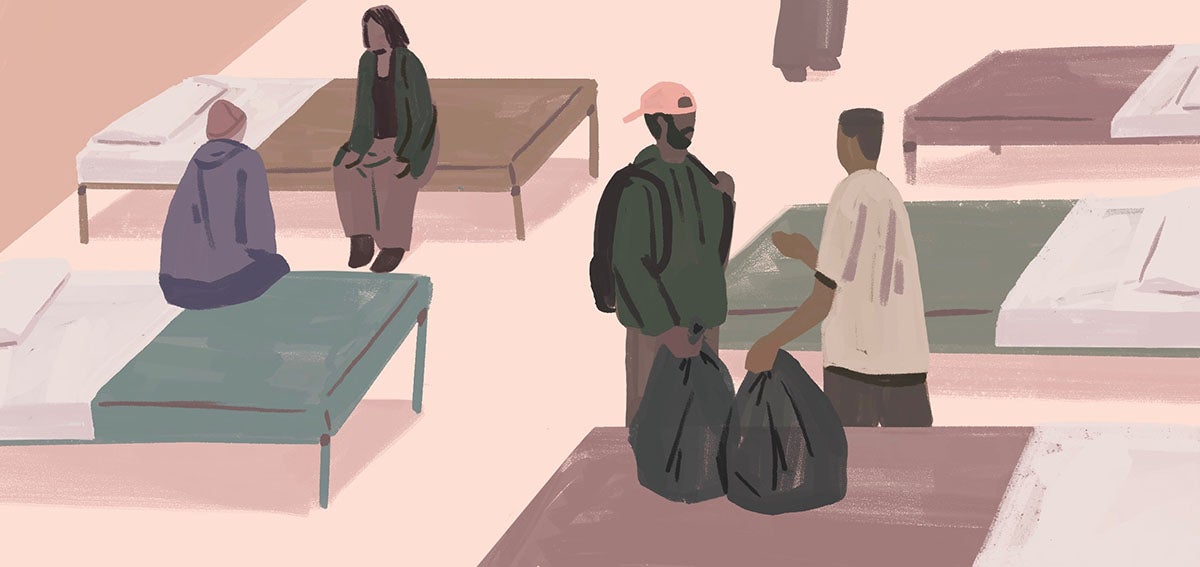 Illustration of people sitting on beds in a medical respite care center