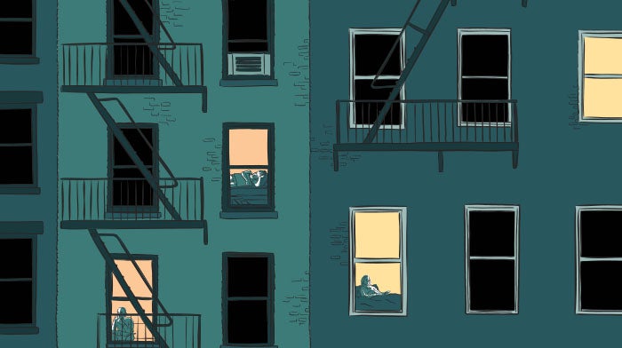 Illustration of apartment buildings at night with individuals sitting alone in their apartments.