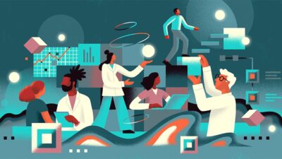 Concept illustration of doctors and patients coordinating care needs for better behavioral health care