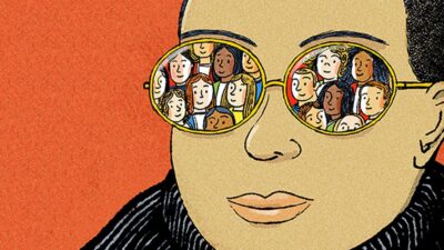 Illustration of crowd of people reflected in person's glasses.