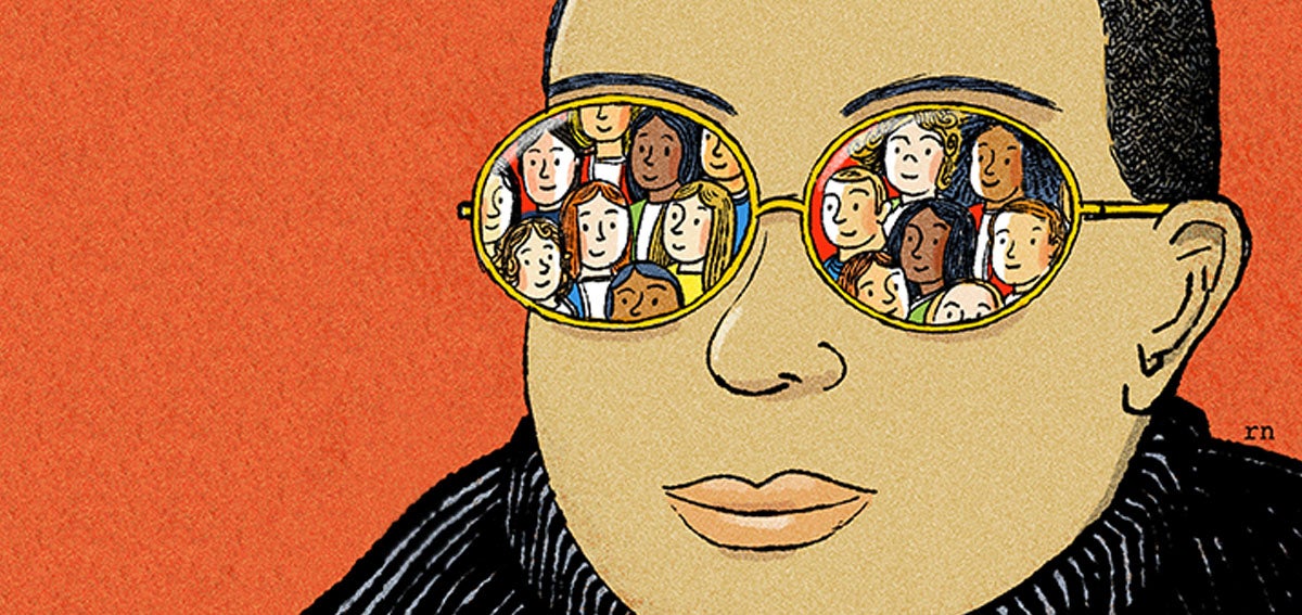 Illustration of crowd of people reflected in person's glasses.