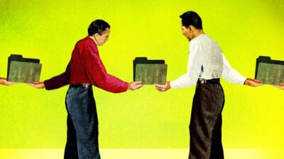 Illustration men passing paper folders from hand to hand