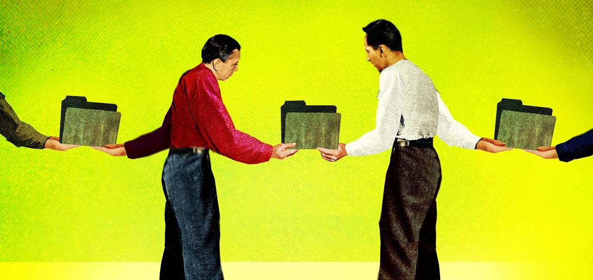 Illustration men passing paper folders from hand to hand