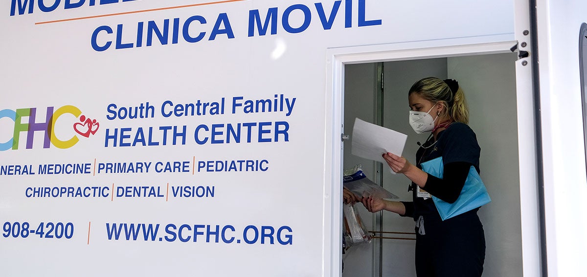 A COVID-19 vaccination mobile clinic run by the South Central Family Health Center