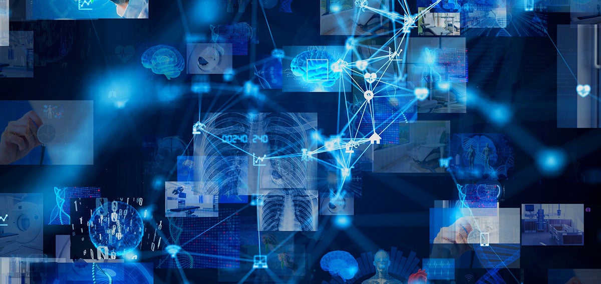 Photo collage of connected health technology; x-rays, medicine, computer networks
