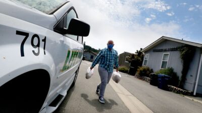 Person walking near a car, carrying bags of prepared meals
