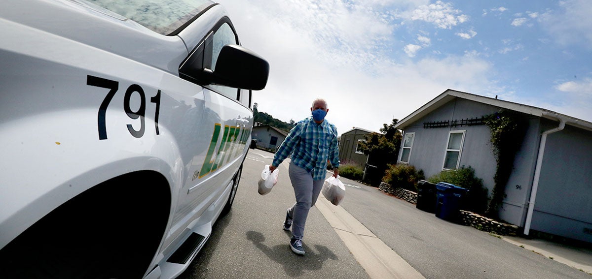 Person walking near a car, carrying bags of prepared meals