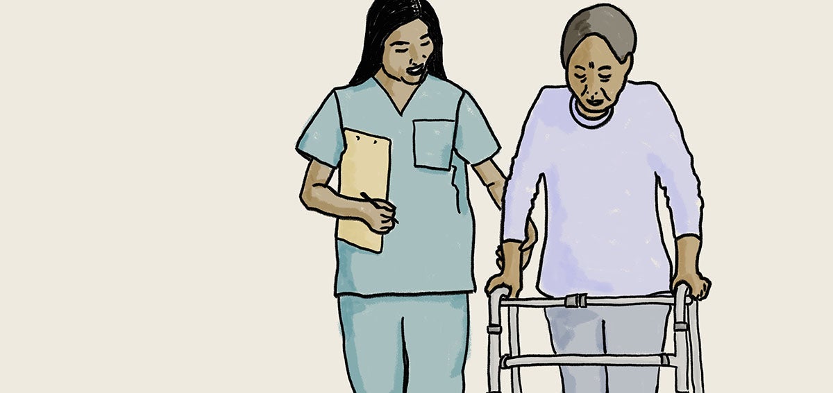 Illustration of nurse assisting older woman with walker.