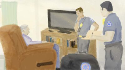 Illustration of community paramedics making house call to check on patient