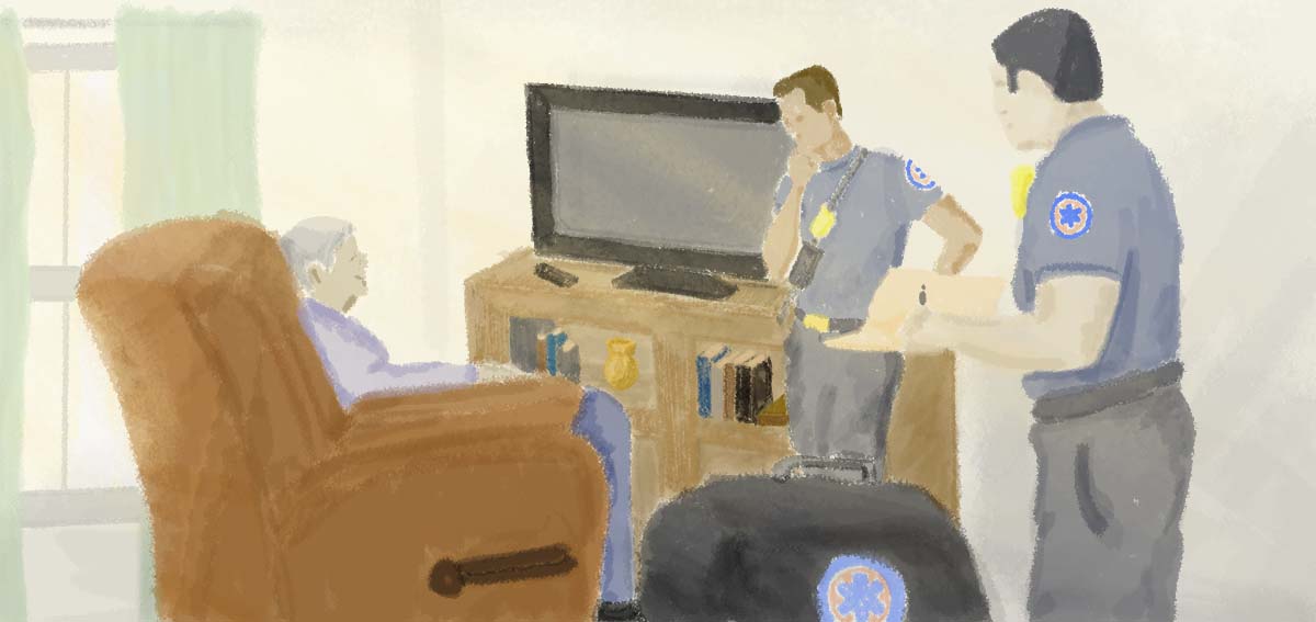 Illustration of community paramedics making house call to check on patient