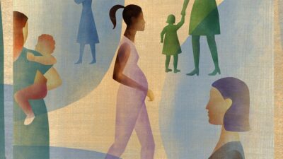 Illustration of pregnant people and parents with children walking