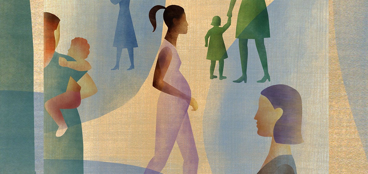 Illustration of pregnant people and parents with children walking