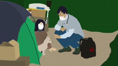 Doctor checking in with person experiencing homelessness, at encampment