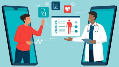 Illustration of patient and medical practitioner communicating via smart phone