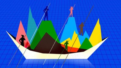 Illustration of people guiding a boat full of data