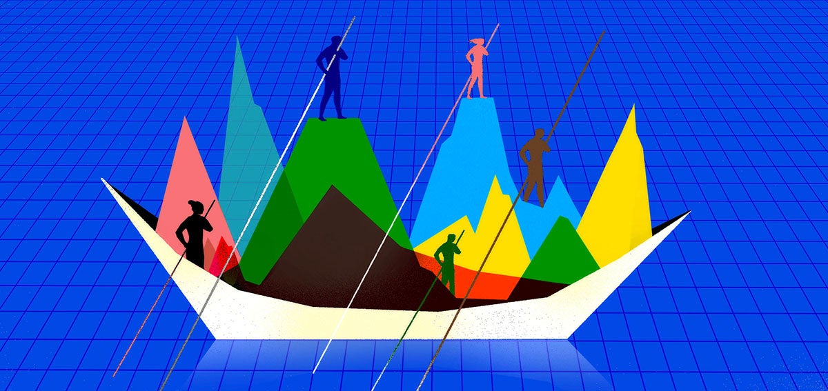 Illustration of people guiding a boat full of data