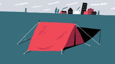 Illustration of tent set up on the outskirts of a city