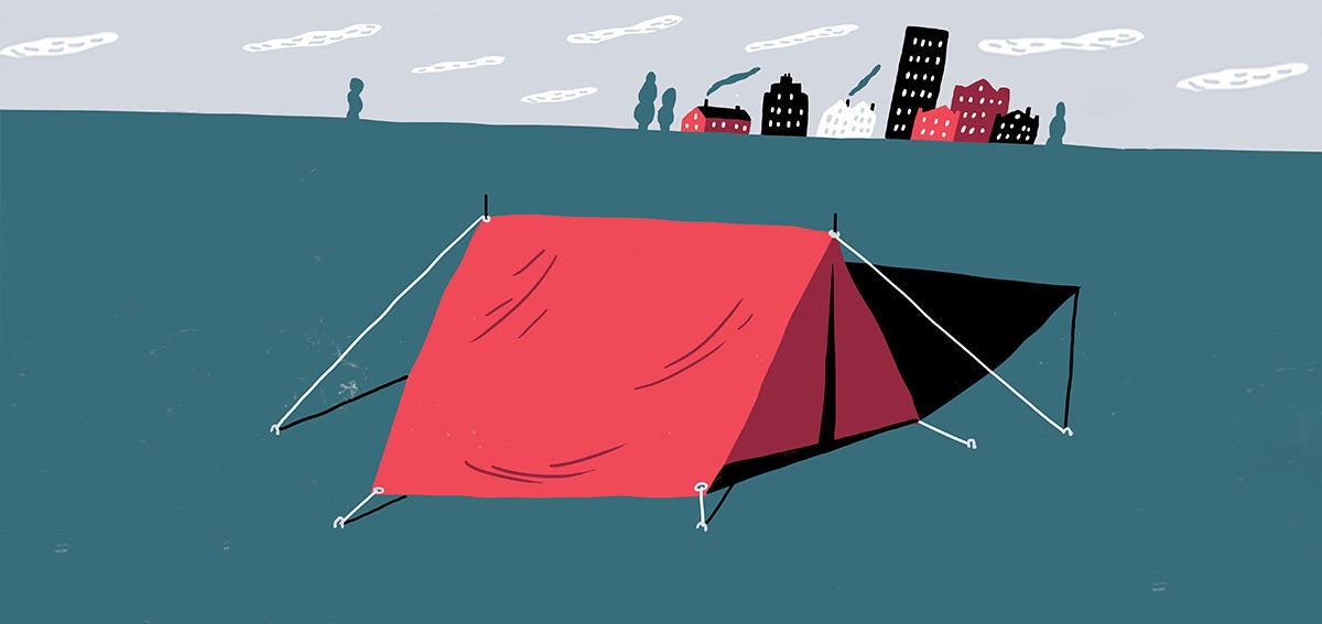 Illustration of tent set up on the outskirts of a city