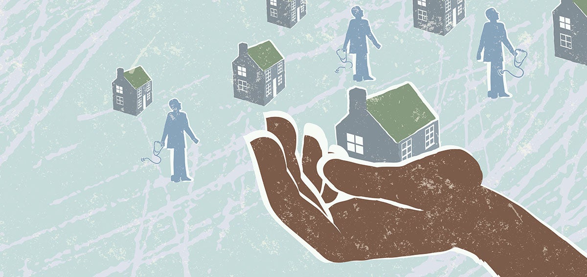 Illustration of hand holding up housing and medical care