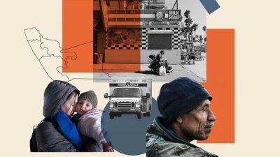 Collage of people, ambulance, fast-food restaurant, California locations