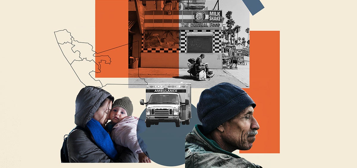 Collage of people, ambulance, fast-food restaurant, California locations