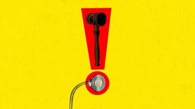 Illustration of gavel and stethoscope in a bright red exclamation point