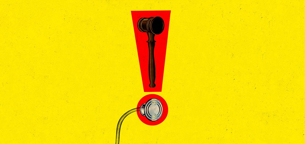 Illustration of gavel and stethoscope in a bright red exclamation point