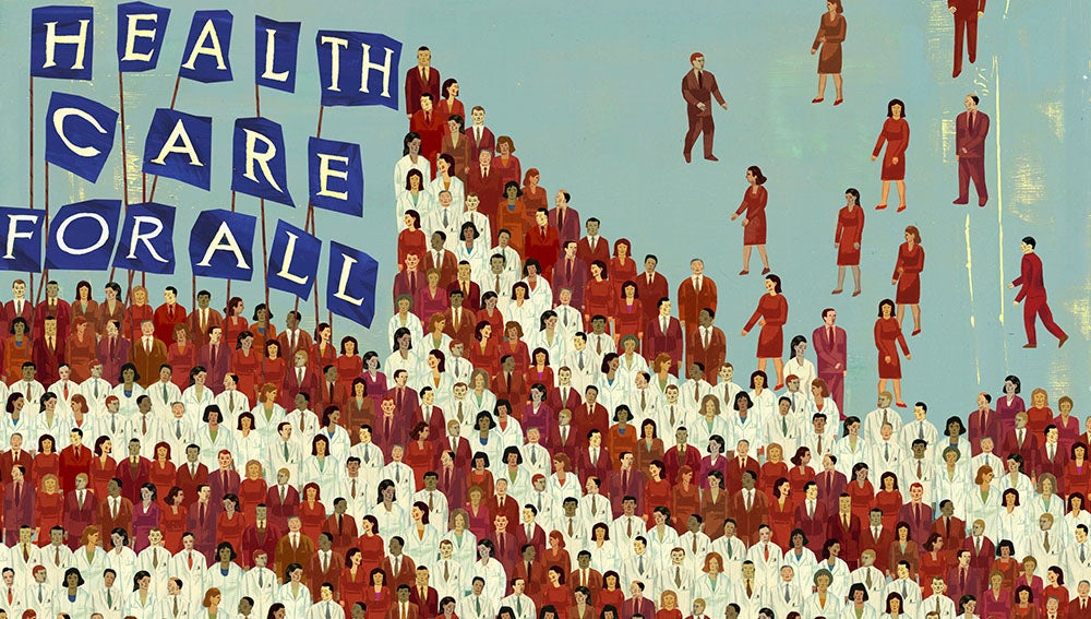 Illustration of crowd of people forming the US flag, holding "Healthcare for All" banners