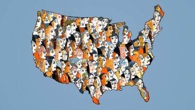Illustration of map of the United States of America made up of sketches of people