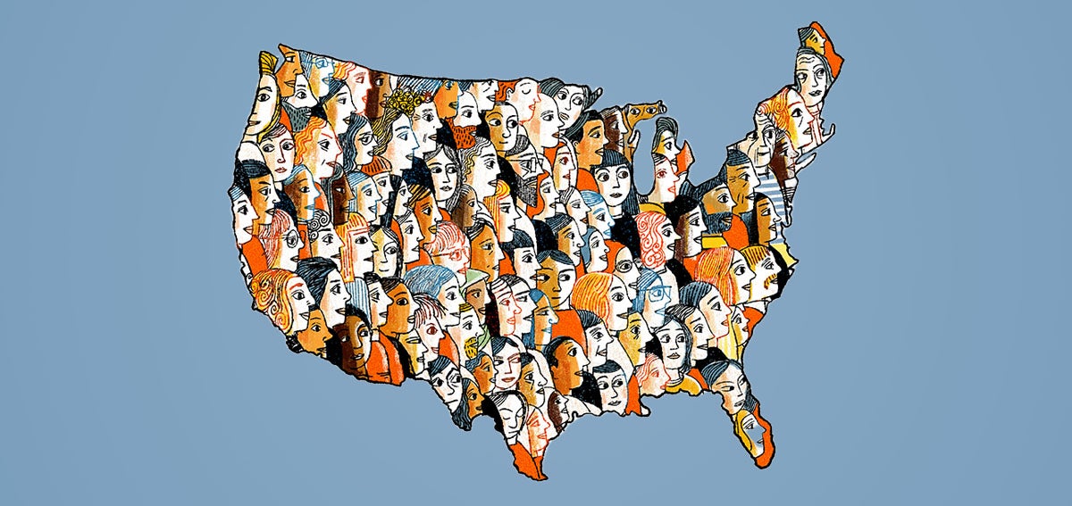 Illustration of map of the United States of America made up of sketches of people