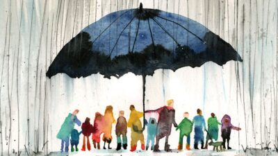 Watercolor of people standing under a large umbrella in the rain