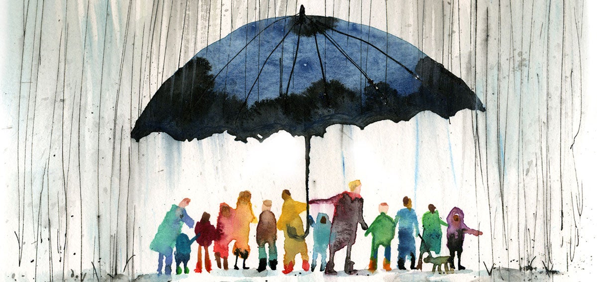 Watercolor of people standing under a large umbrella in the rain