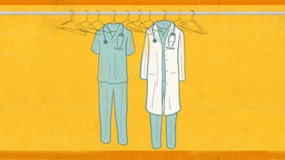 Illustration of medical scrubs and lab coat hanging up