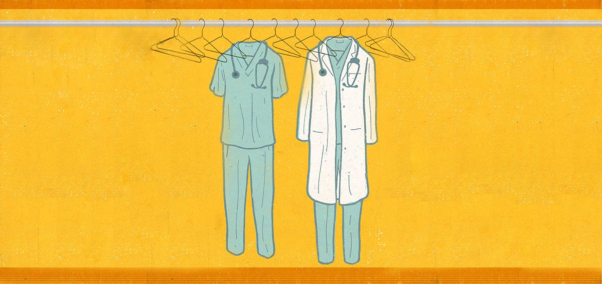 Illustration of medical scrubs and lab coat hanging up