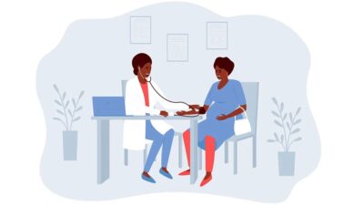Illustration of doctor examining pregnant woman