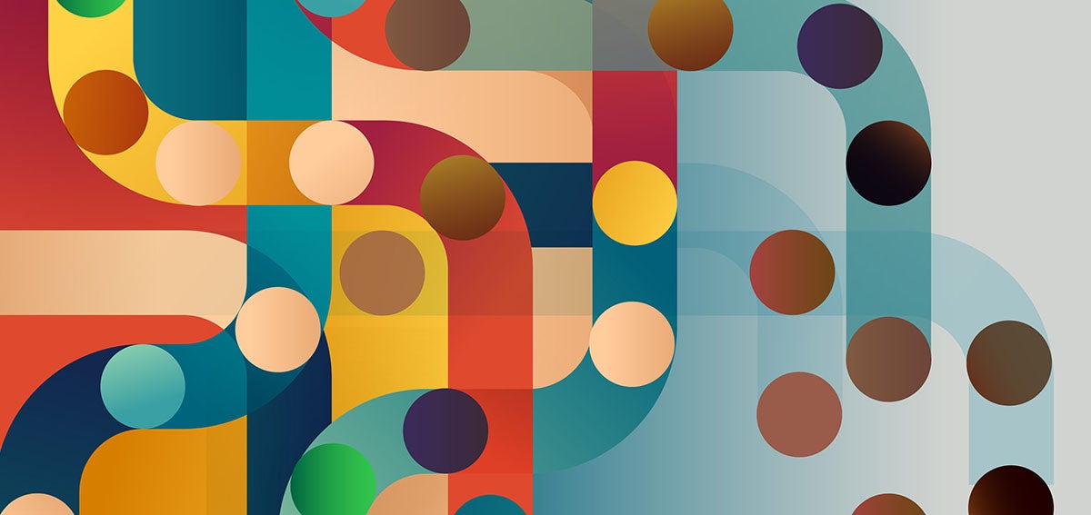 Illustration of dots moving through a maze, some are falling out of the maze.